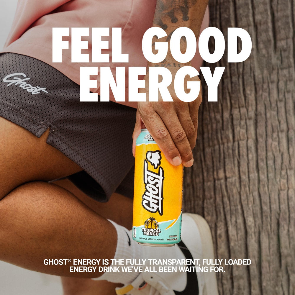 GHOST Energy Tropical Mango pour in a glass for focus sessions.