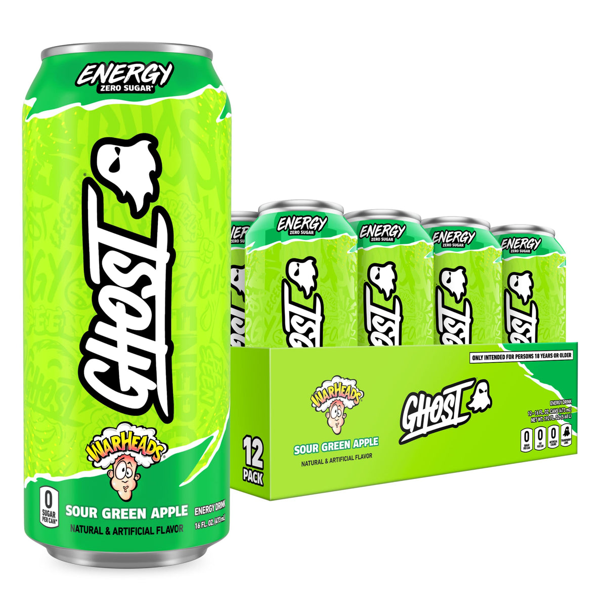 GHOST Energy Warheads Sour Green Apple can front view for refreshing energy