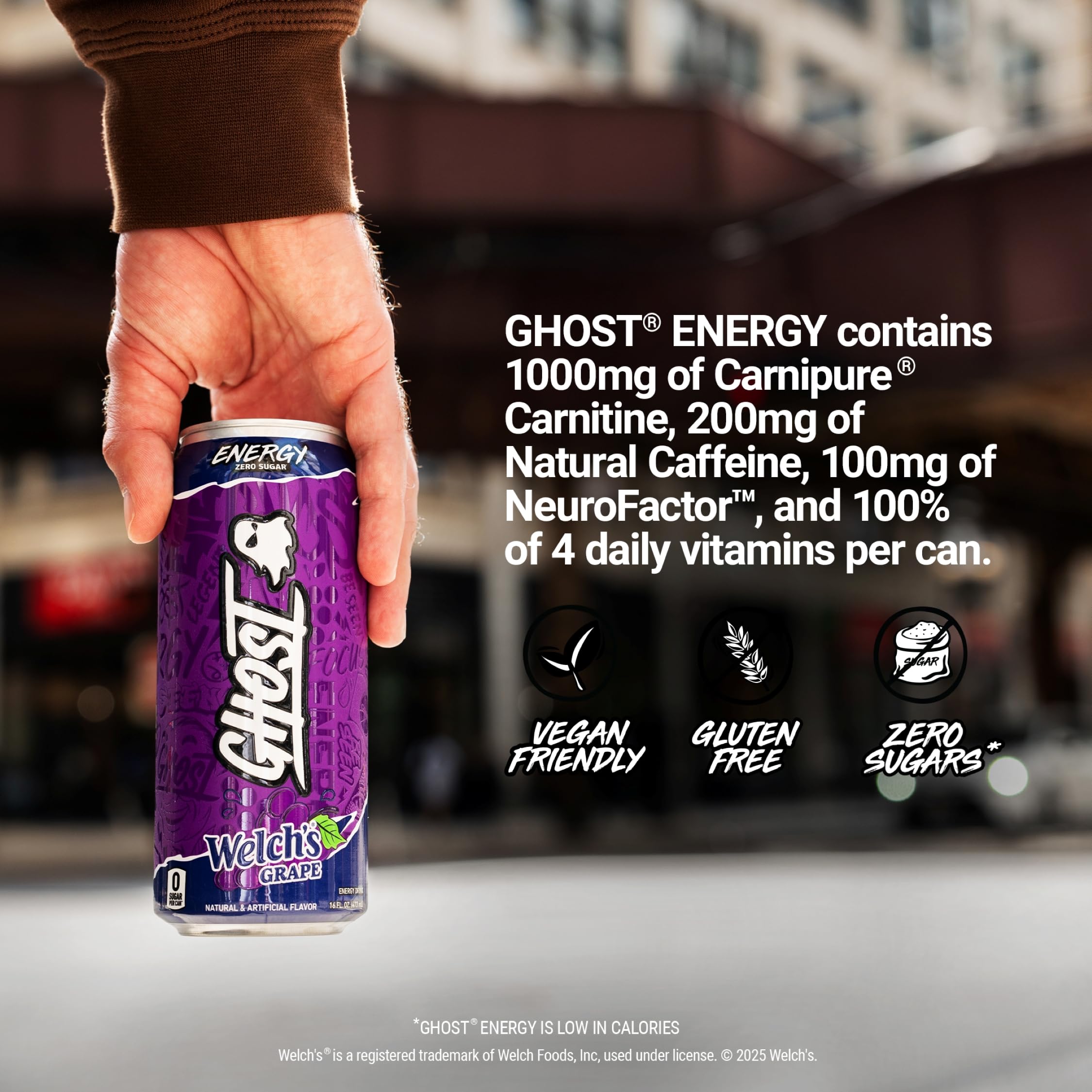 Ghost Energy Welch’s Grape 12-pack on shelf communicates vegan and gluten-free credentials