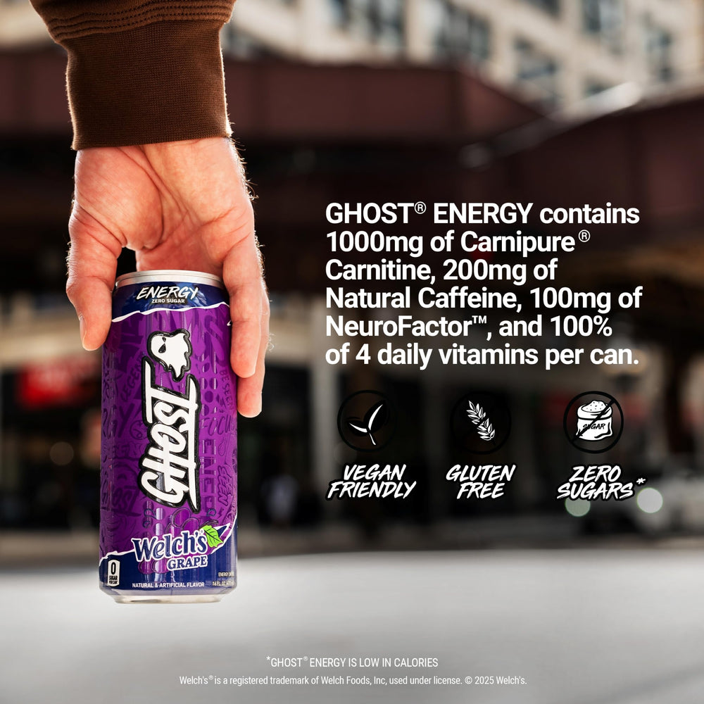 Ghost Energy Welch’s Grape 12-pack on shelf communicates vegan and gluten-free credentials