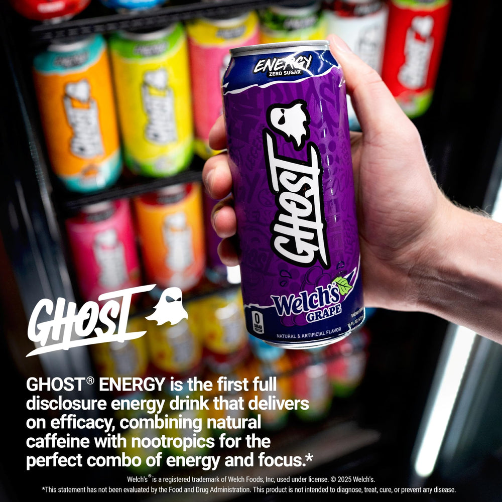 Ghost Energy Welch’s Grape 16oz can cooling evokes refreshing flavor and clean energy