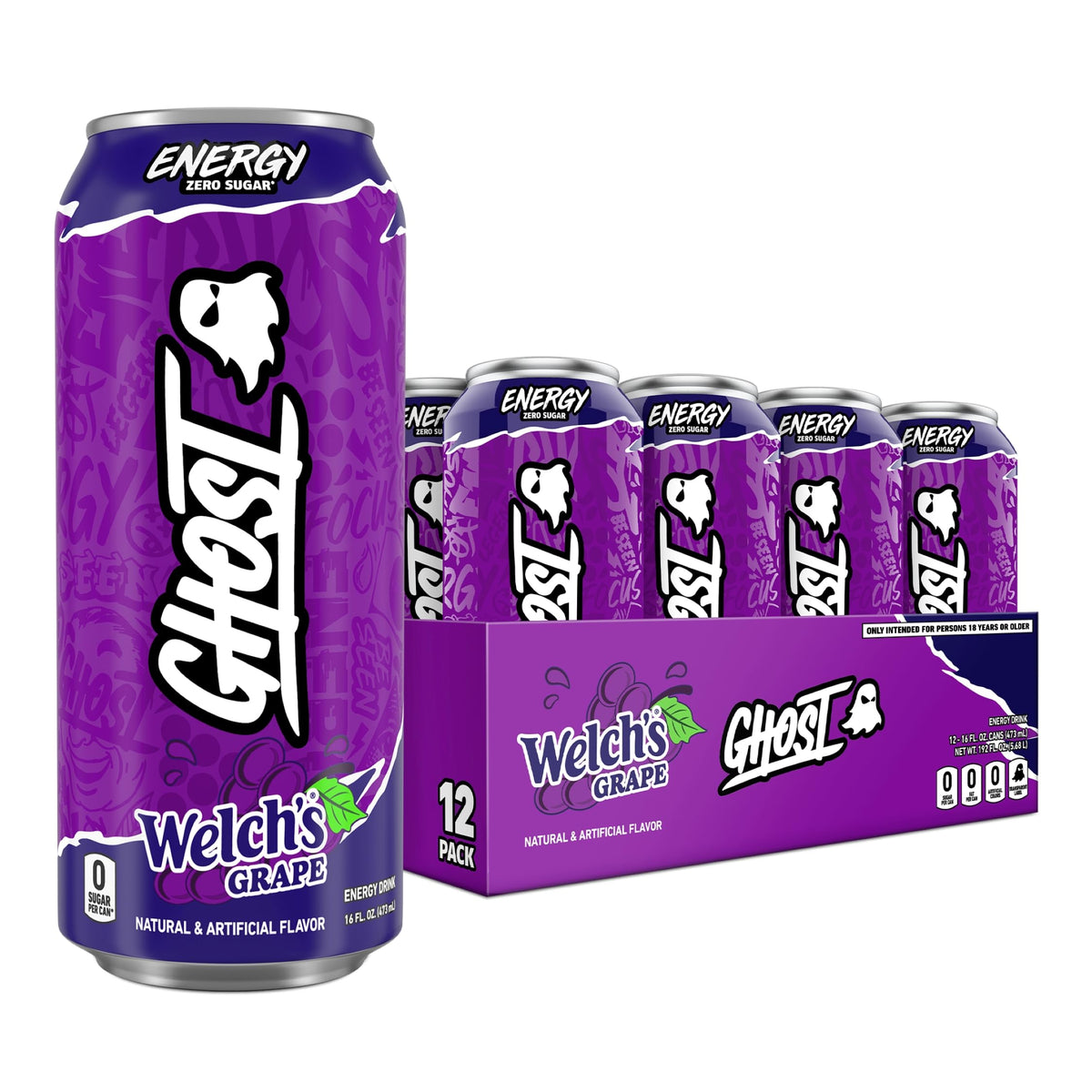 Ghost Energy Welch’s Grape 16oz can front view for quick energy and focus