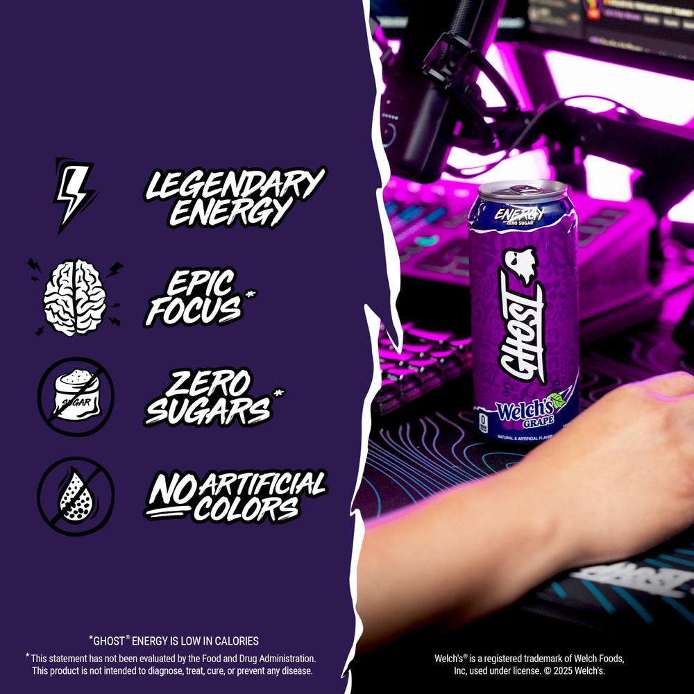 Ghost Energy Welch’s Grape 16oz can open pour suggests smooth taste and focused alertness
