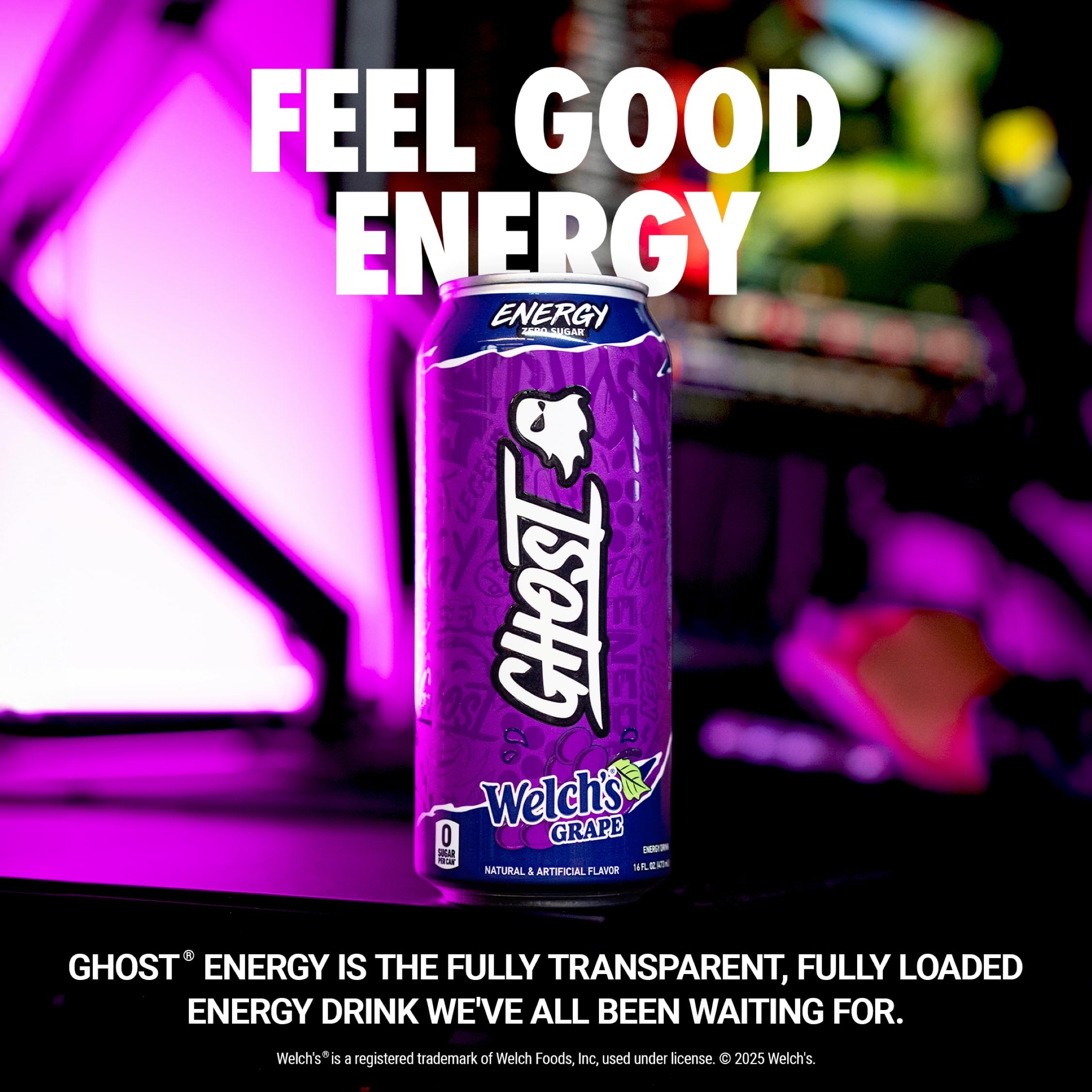Ghost Energy Welch’s Grape 16oz can side label showcases transparent ingredients for informed choices