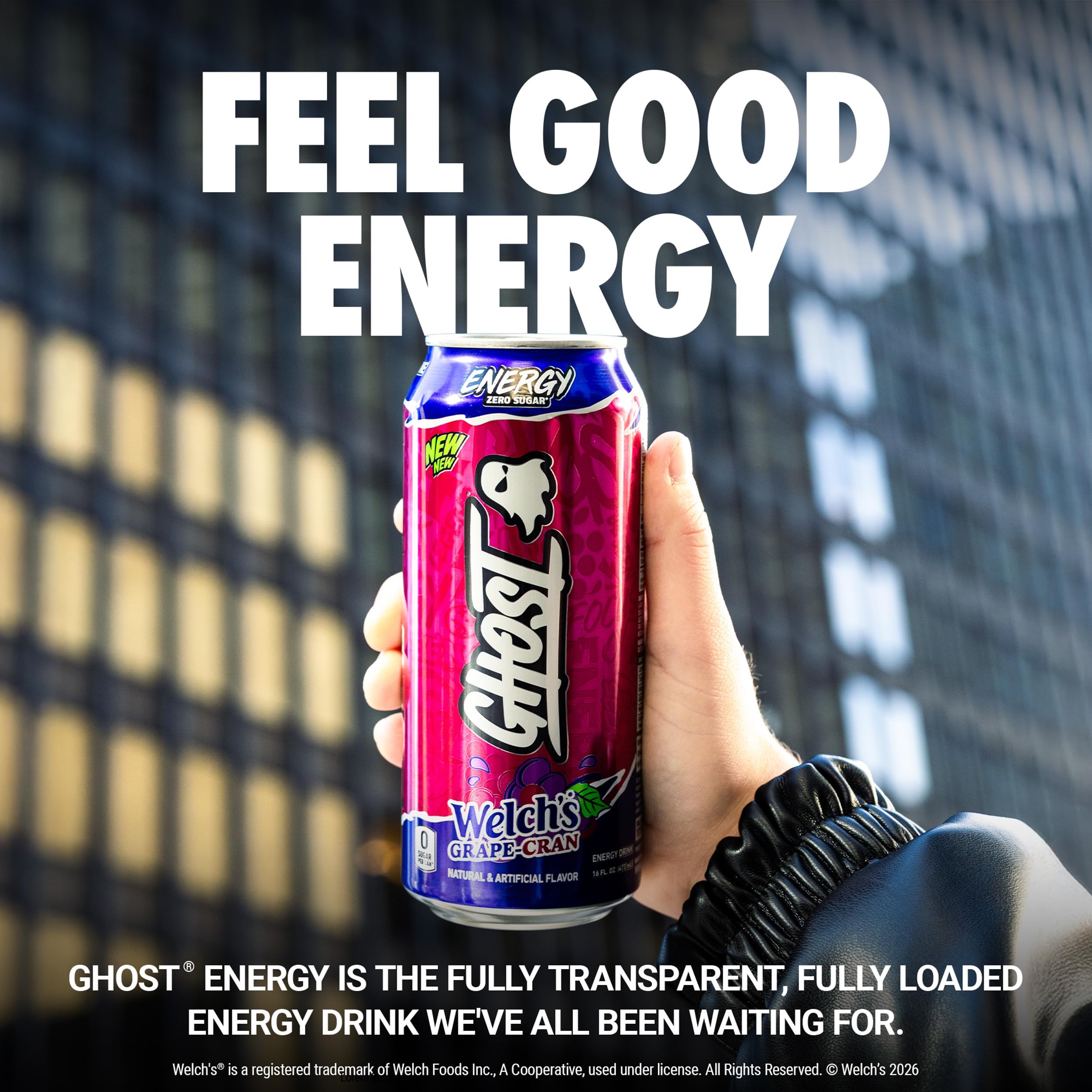Ghost Energy Welch's Grape-Cran 16oz can front label shows clear ingredients.