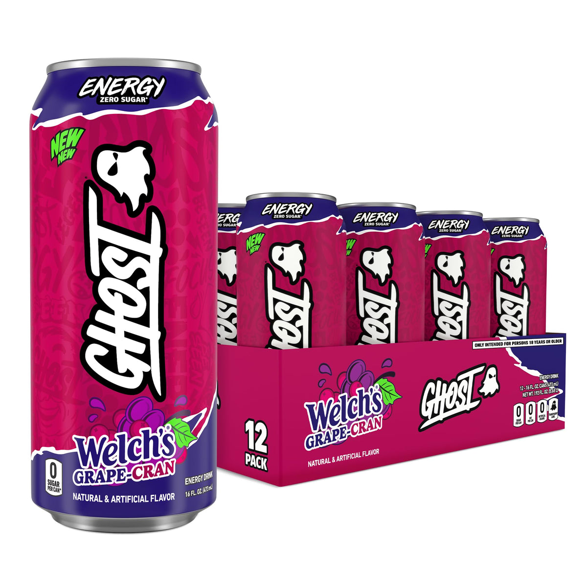 Ghost Energy Welch's Grape-Cran 16oz can side view for on-the-go energy.