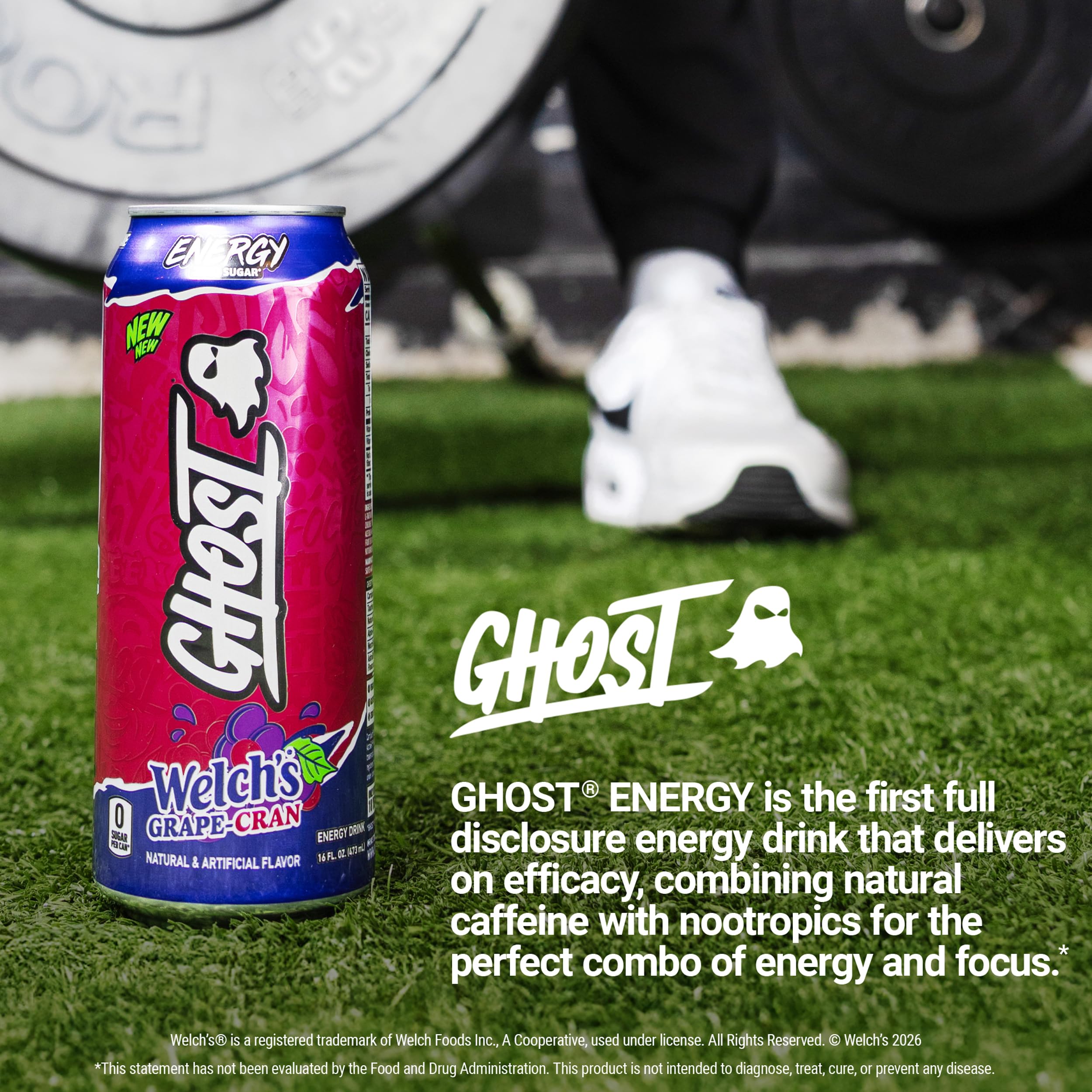 Ghost Energy vegan and gluten-free symbols appeal to dietary needs.