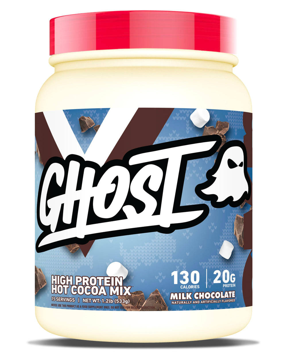 GHOST High Protein Hot Cocoa being poured into a mug for a creamy, protein-packed treat.