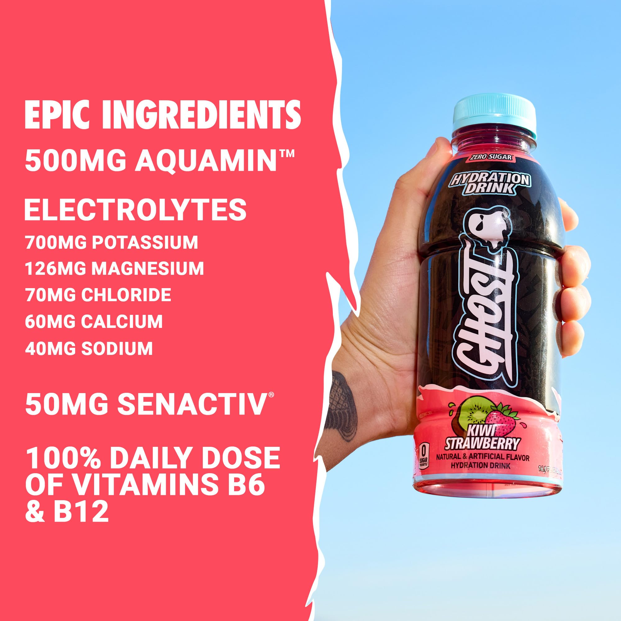 GHOST Hydration Kiwi Strawberry bottle side view emphasizes zero sugar and low calories