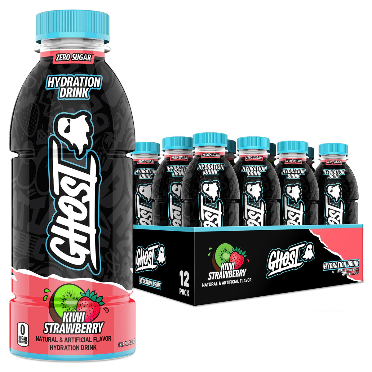 GHOST Hydration Kiwi Strawberry bottle view highlights refreshing flavor and on-the-go hydration