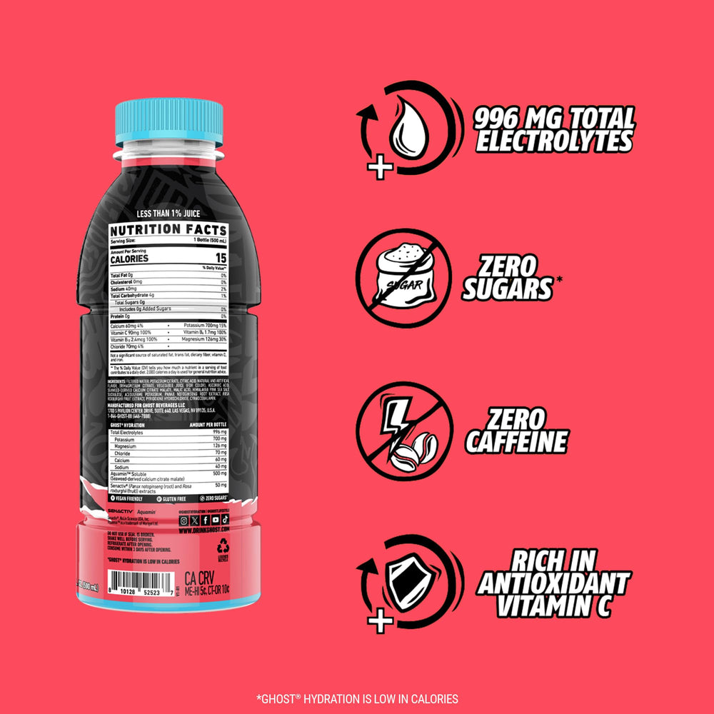 GHOST Hydration Kiwi Strawberry nutrition panel lists key electrolytes and vitamins
