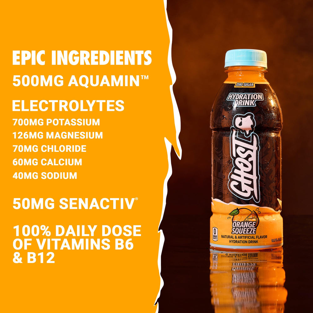 Close-up of GHOST Hydration Orange Squeeze bottle shows transparent label.