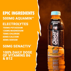 Close-up of GHOST Hydration Orange Squeeze bottle shows transparent label.