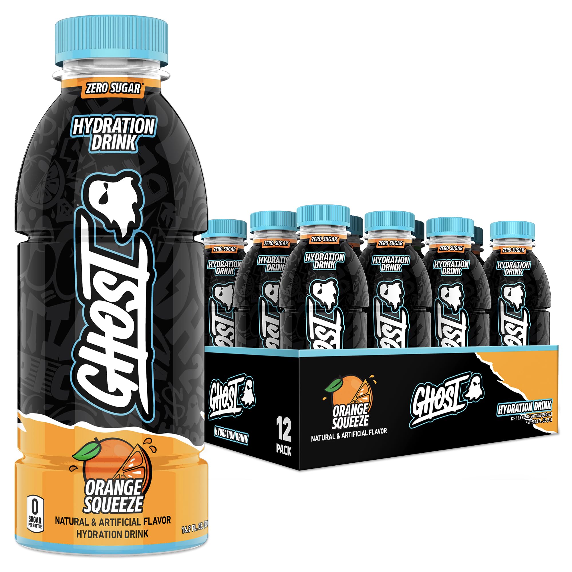 GHOST Hydration Orange Squeeze bottle with citrus flavor for all-day hydration.