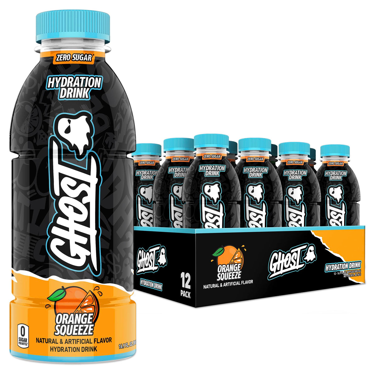 GHOST Hydration Orange Squeeze bottle with citrus flavor for all-day hydration.