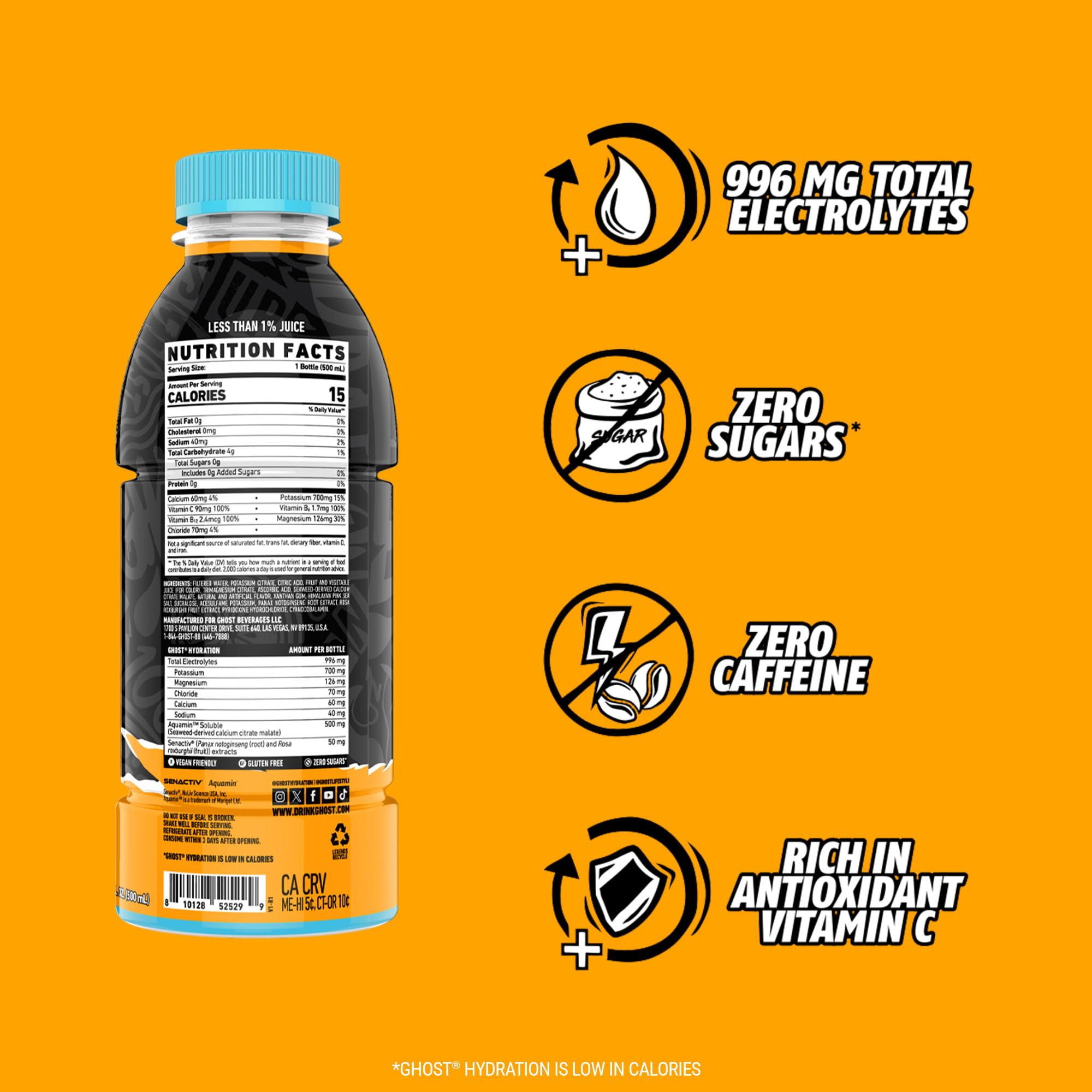 Front view of GHOST Hydration Orange Squeeze label highlighting ingredients.