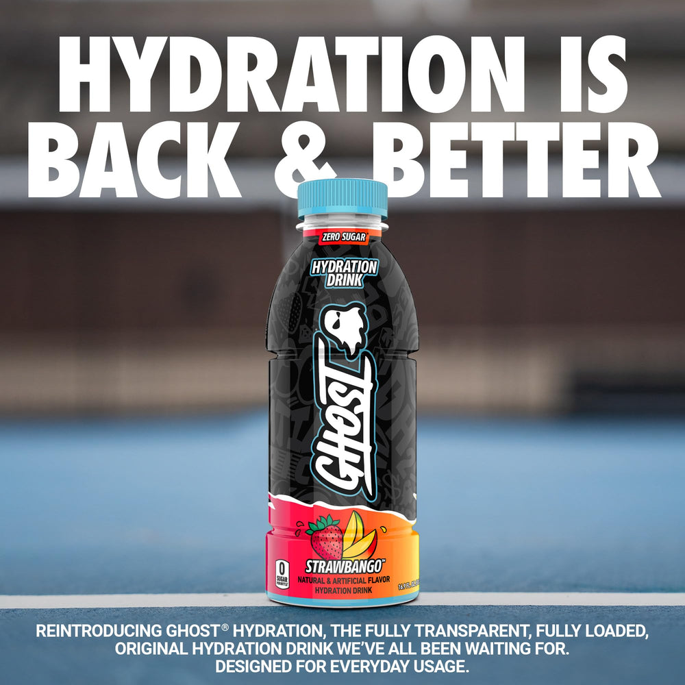 Closeup of GHOST Hydration Strawbango label showing transparent ingredients.