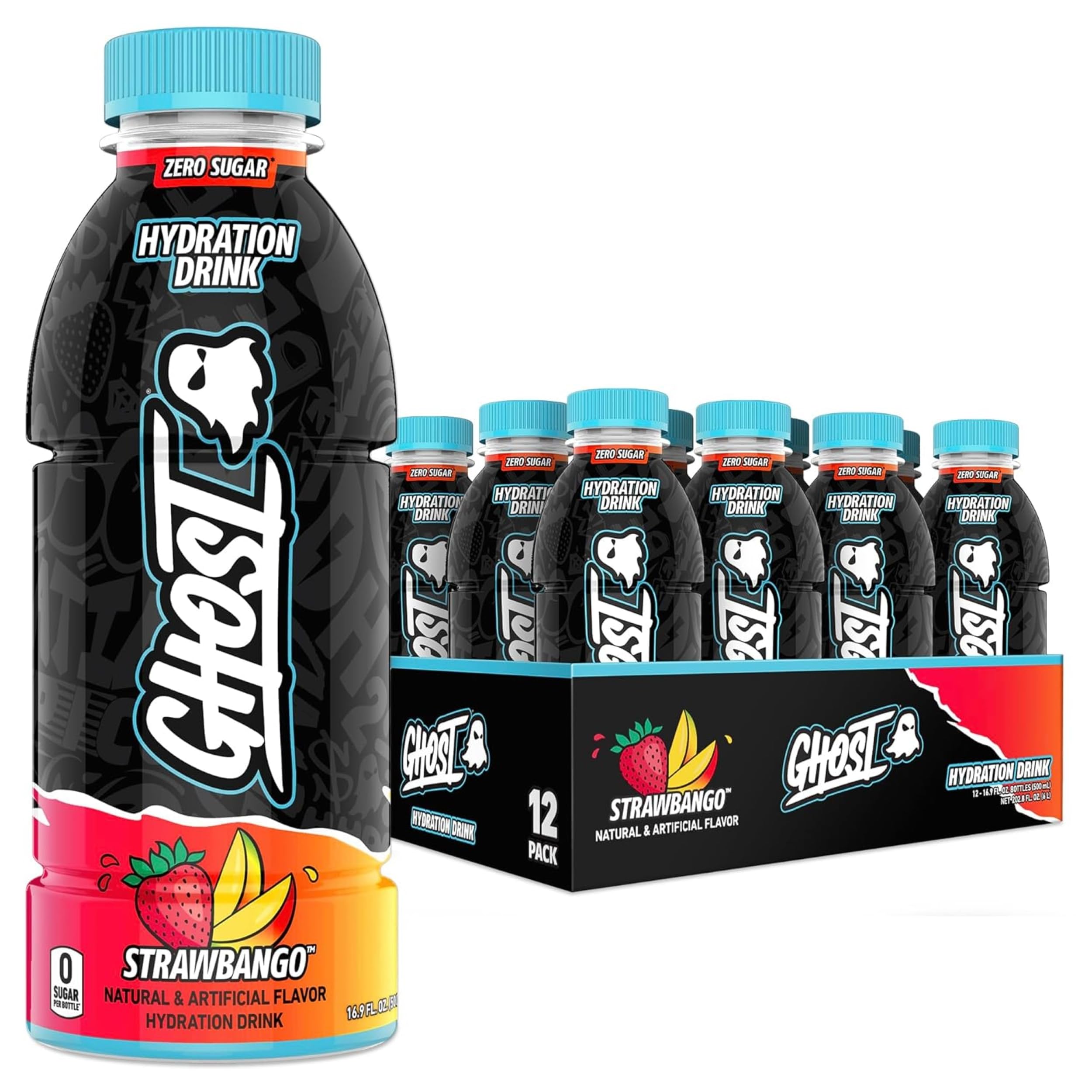 GHOST Hydration Strawbango bottle pour for quick electrolyte intake.