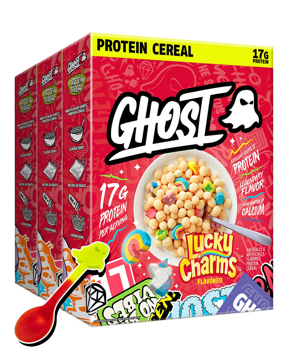Ghost Protein Cereal Lucky Charms marshmallows 3-pack, ideal for a high-protein breakfast.