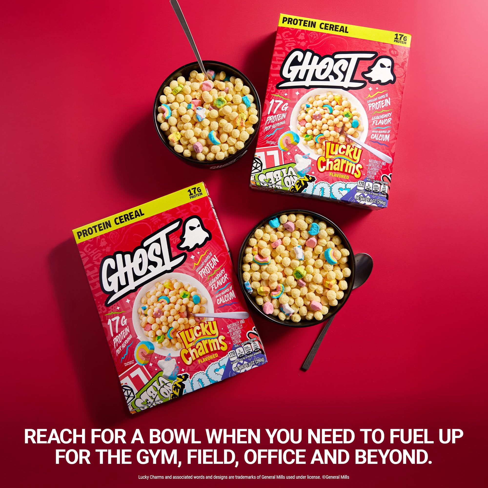 Ghost Protein Cereal serving in milk, nostalgic crunch with protein boost.