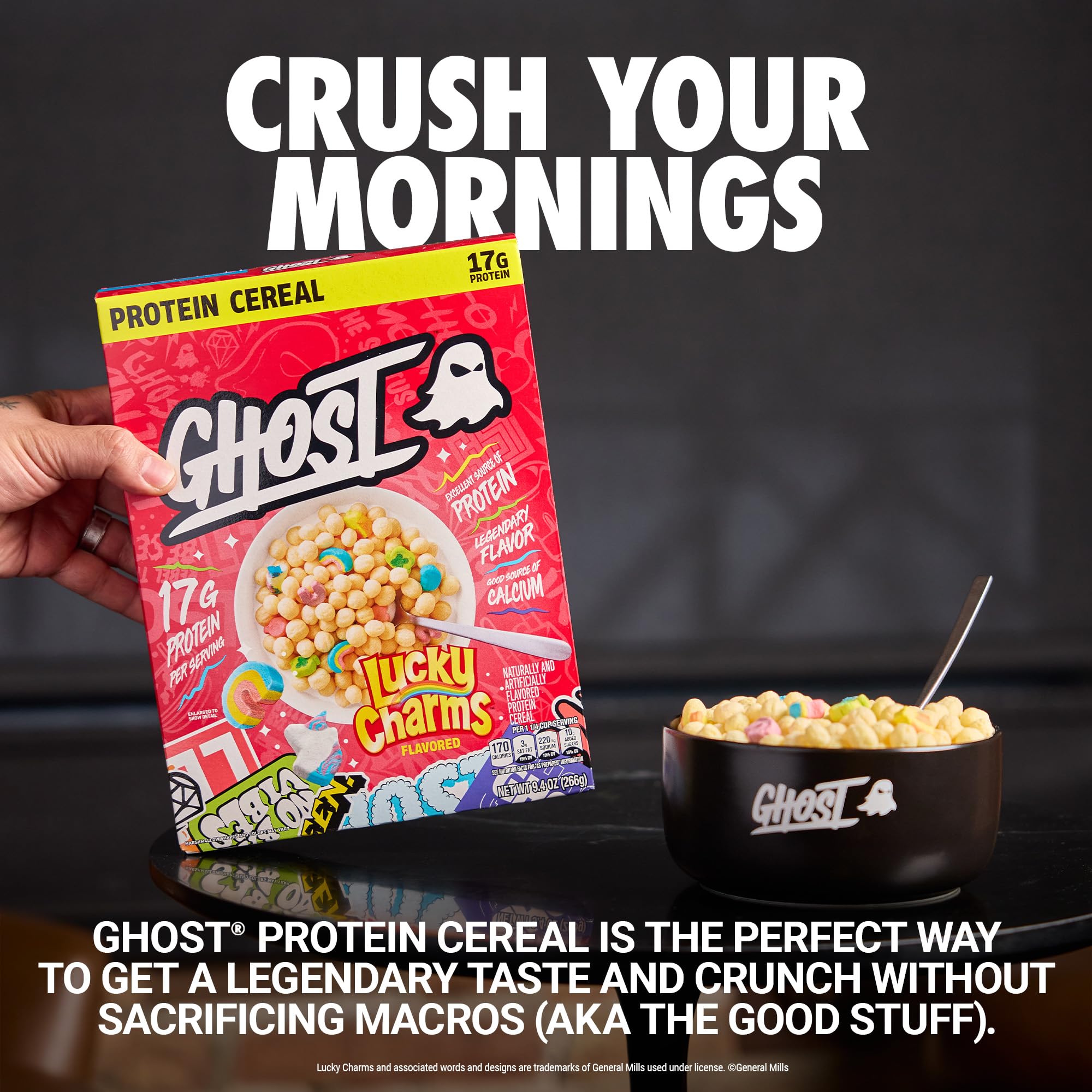 Ghost Protein Cereal box with spoon, ready-to-serve macro-friendly mornings.