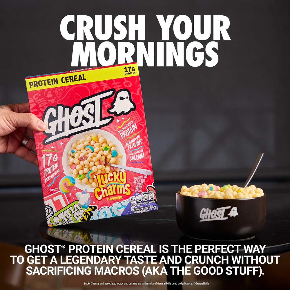 Ghost Protein Cereal box with spoon, ready-to-serve macro-friendly mornings.