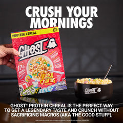 Ghost Protein Cereal box with spoon, ready-to-serve macro-friendly mornings.