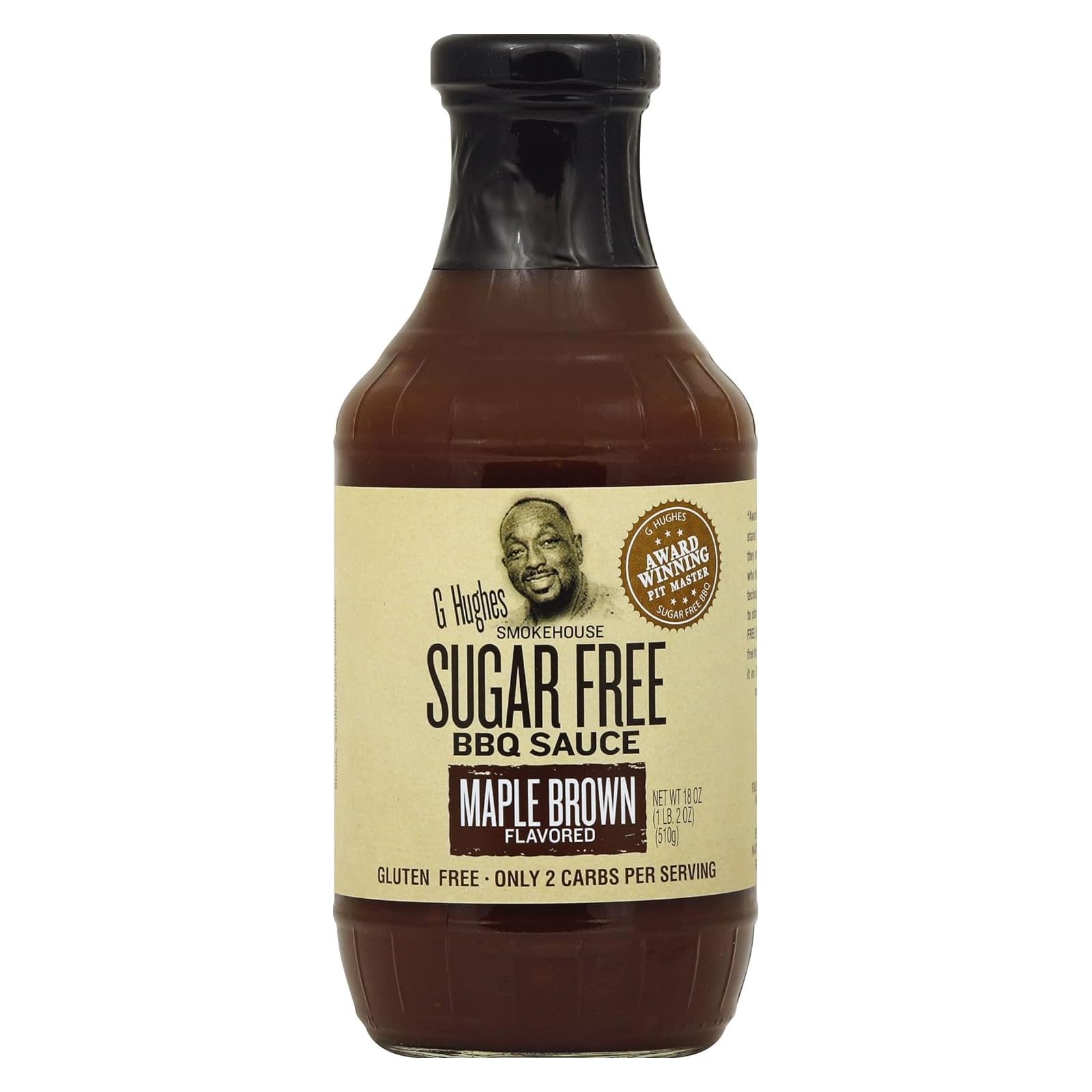 G Hughes SugarFree Maple Brown bottle on kitchen counter, gluten-free glaze option