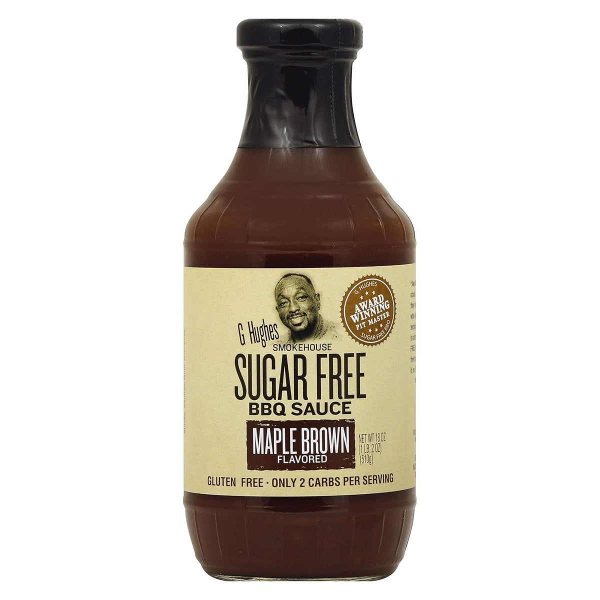 G Hughes SugarFree Maple Brown bottle on kitchen counter, gluten-free glaze option