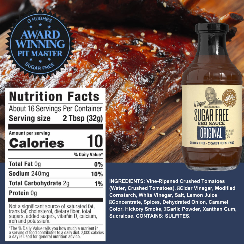 G Hughes Hickory Sugar Free BBQ Sauce bottle offers smoky, guilt-free taste for grills.