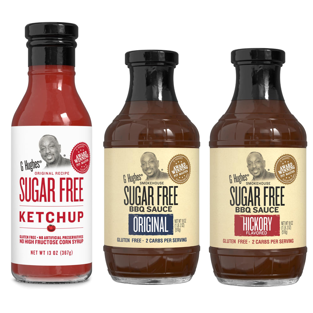 G Hughes Original Sugar Free BBQ Sauce bottle highlights bold flavor with zero sugar, perfect for low-carb meals.