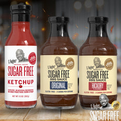 Original sugar-free sauce label closeup emphasizes clean ingredients and zero added sugar.