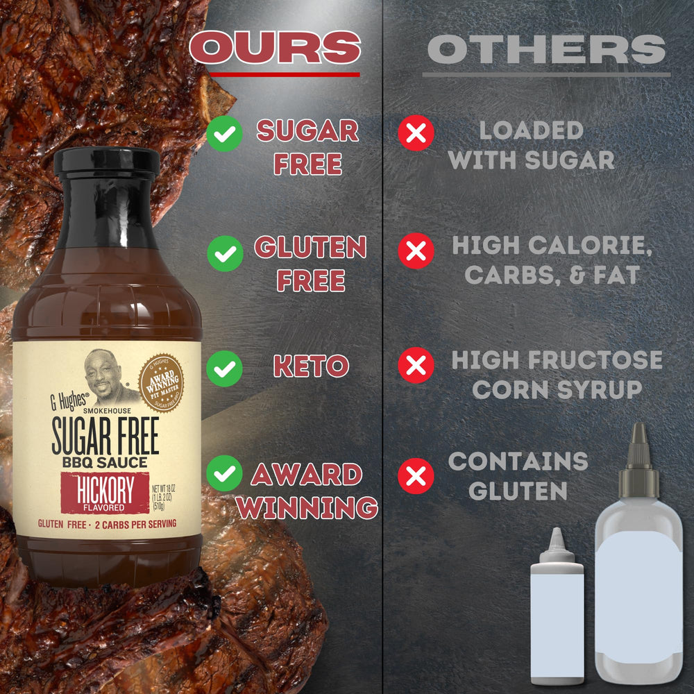 G Hughes BBQ sauce being poured for a glossy gluten-free finish.