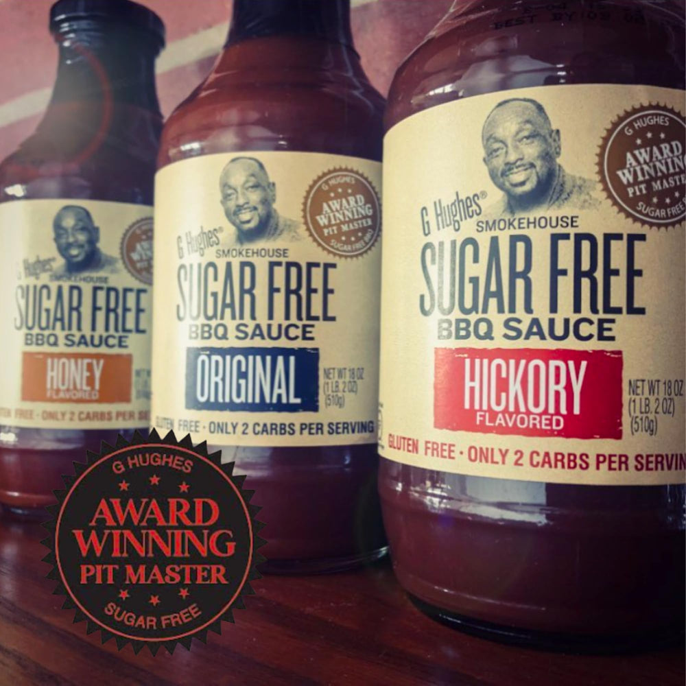 G Hughes Sugar Free BBQ sauce on grilled chicken for flavor.