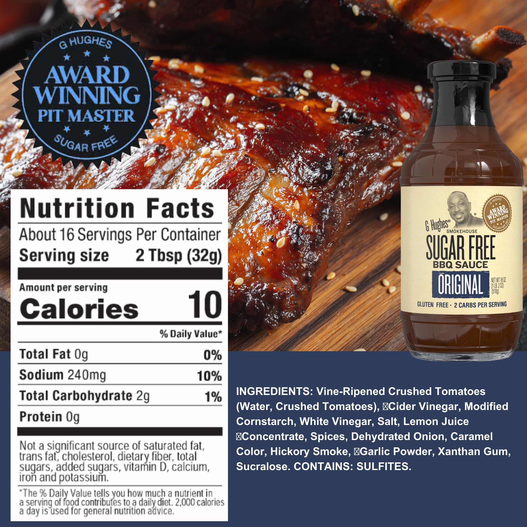 G Hughes Sugar Free BBQ Hickory bottle delivers bold smoky taste.