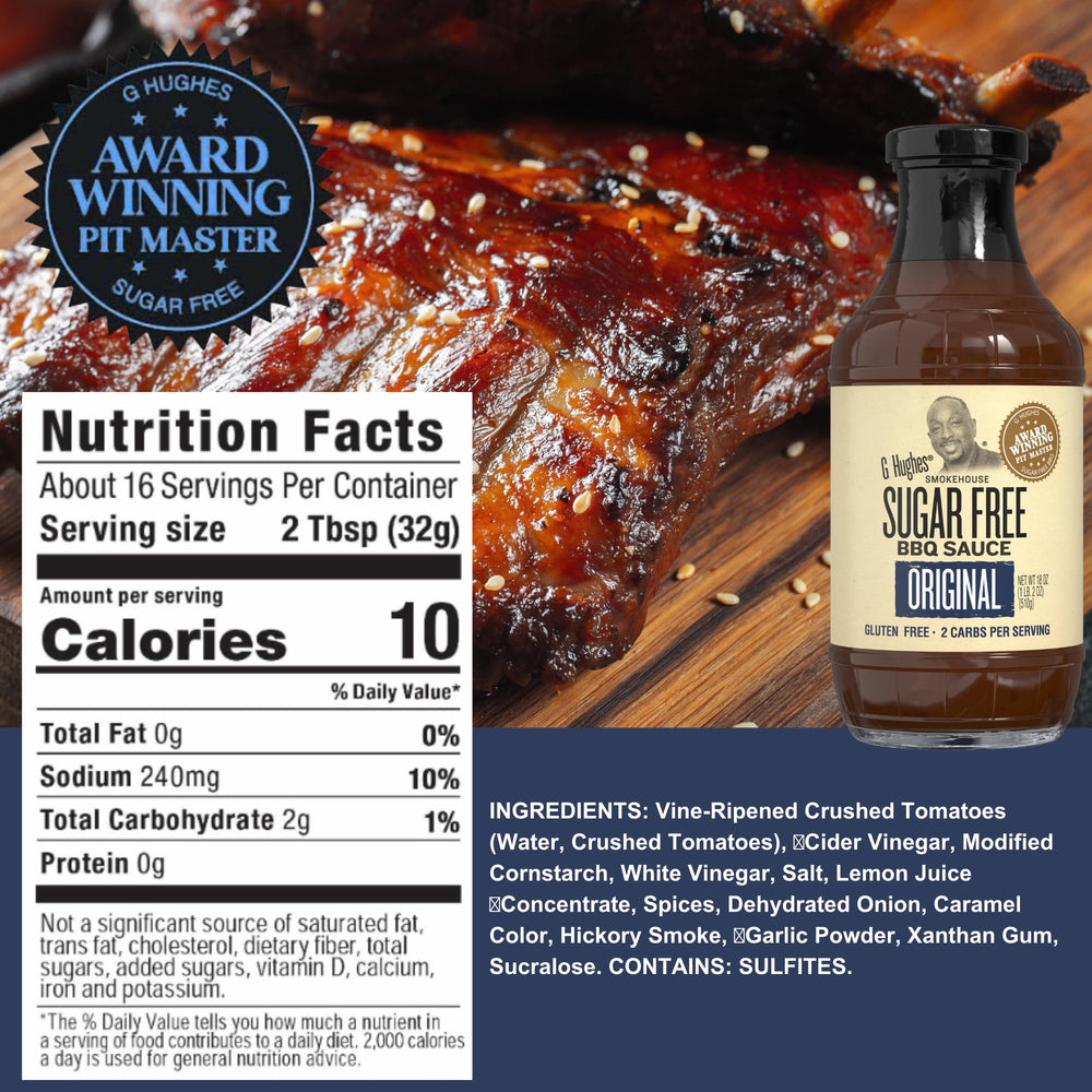 G Hughes Sugar Free BBQ Hickory bottle delivers bold smoky taste.
