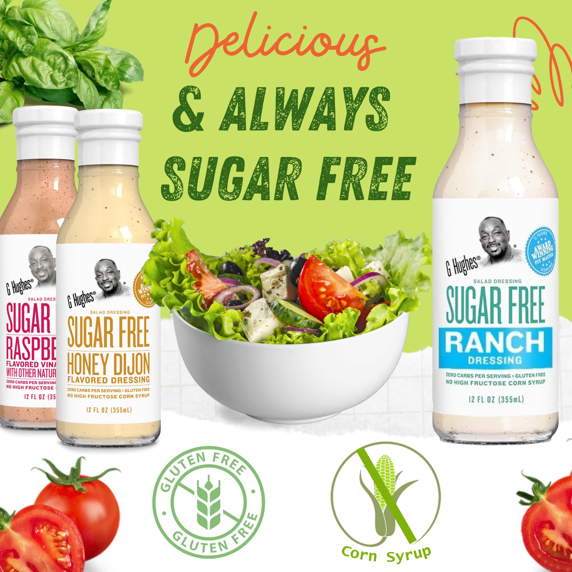 Pouring G Hughes sugar-free Balsamic dressing to elevate greens