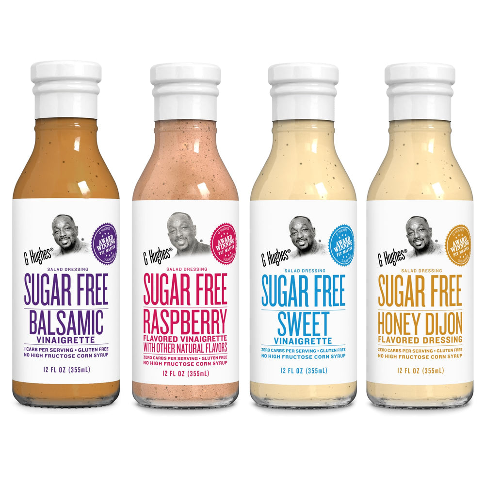 G Hughes sugar-free Honey Dijon dressing bottle for gluten-free, low-carb salads