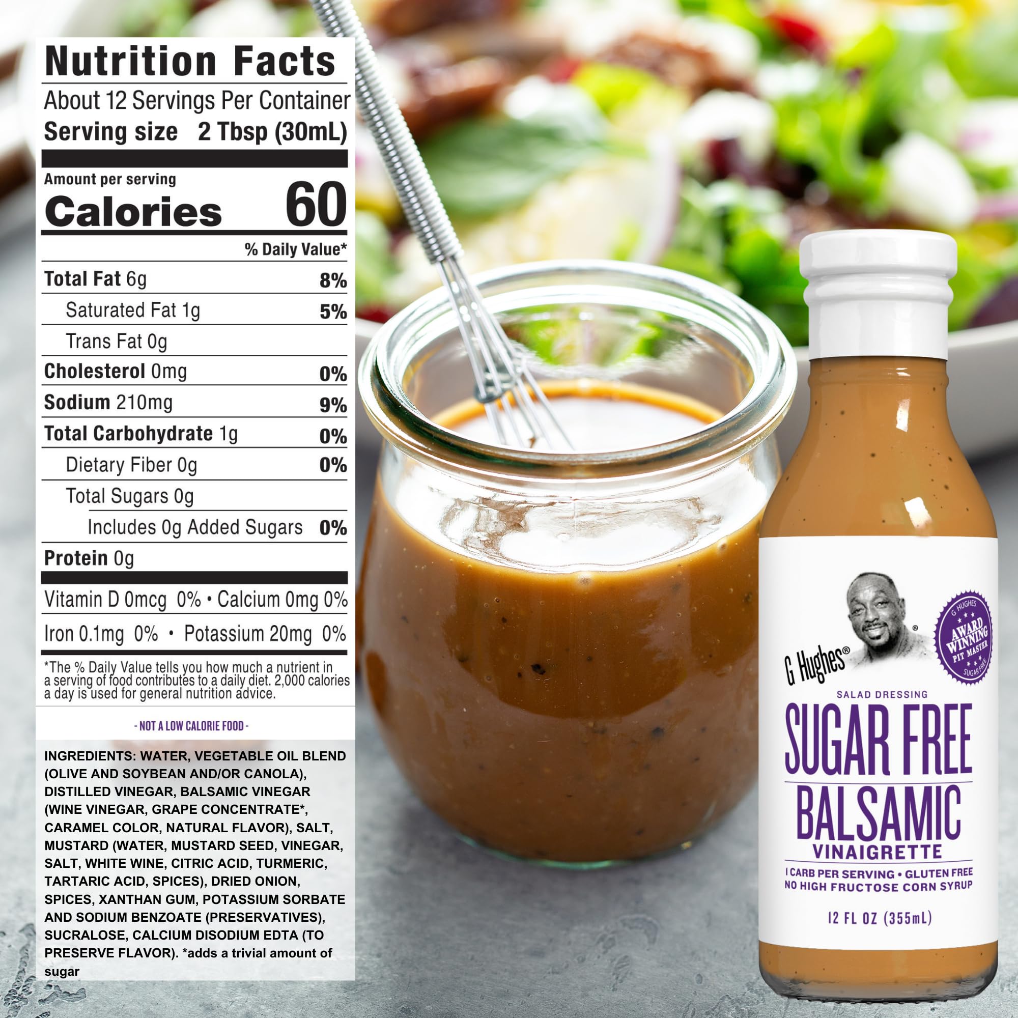 Pour shot of G Hughes sugar-free Honey Dijon dressing for quick salad topping