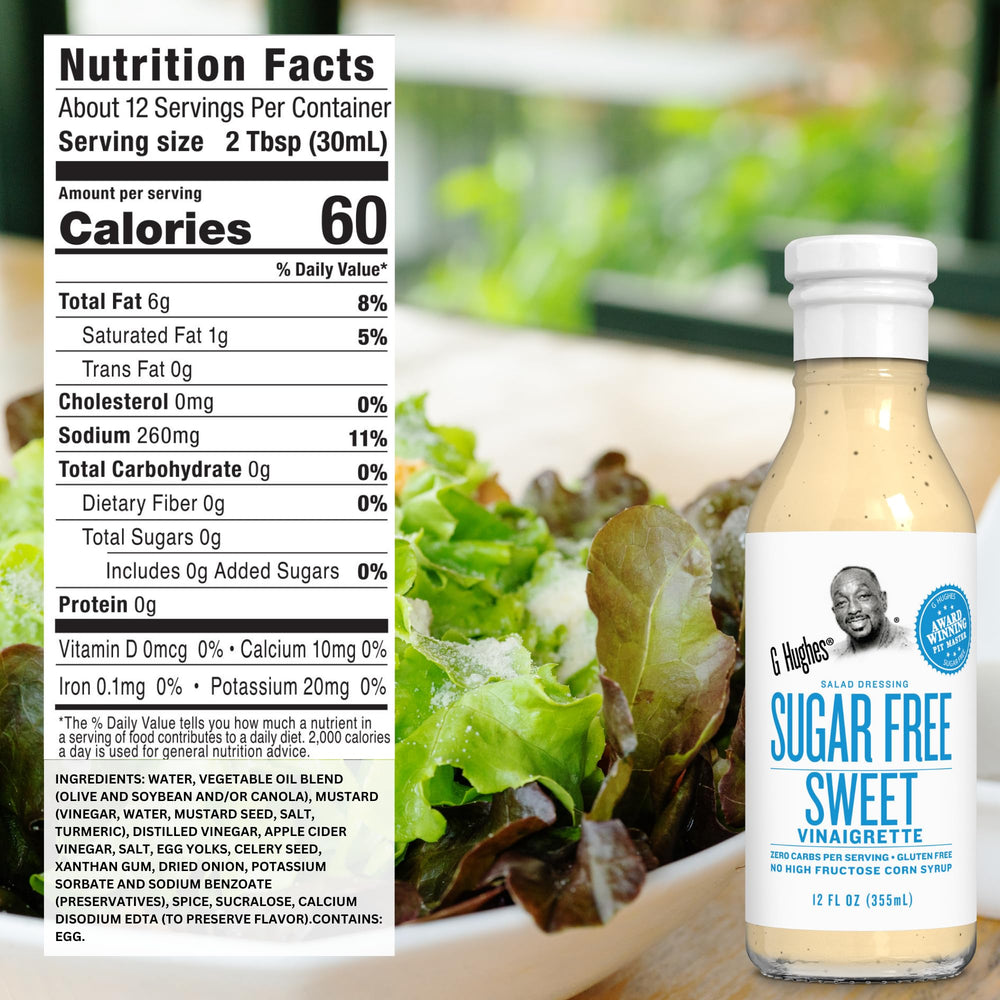 G Hughes sugar-free Raspberry dressing bottle adds fruity flavor without sugar