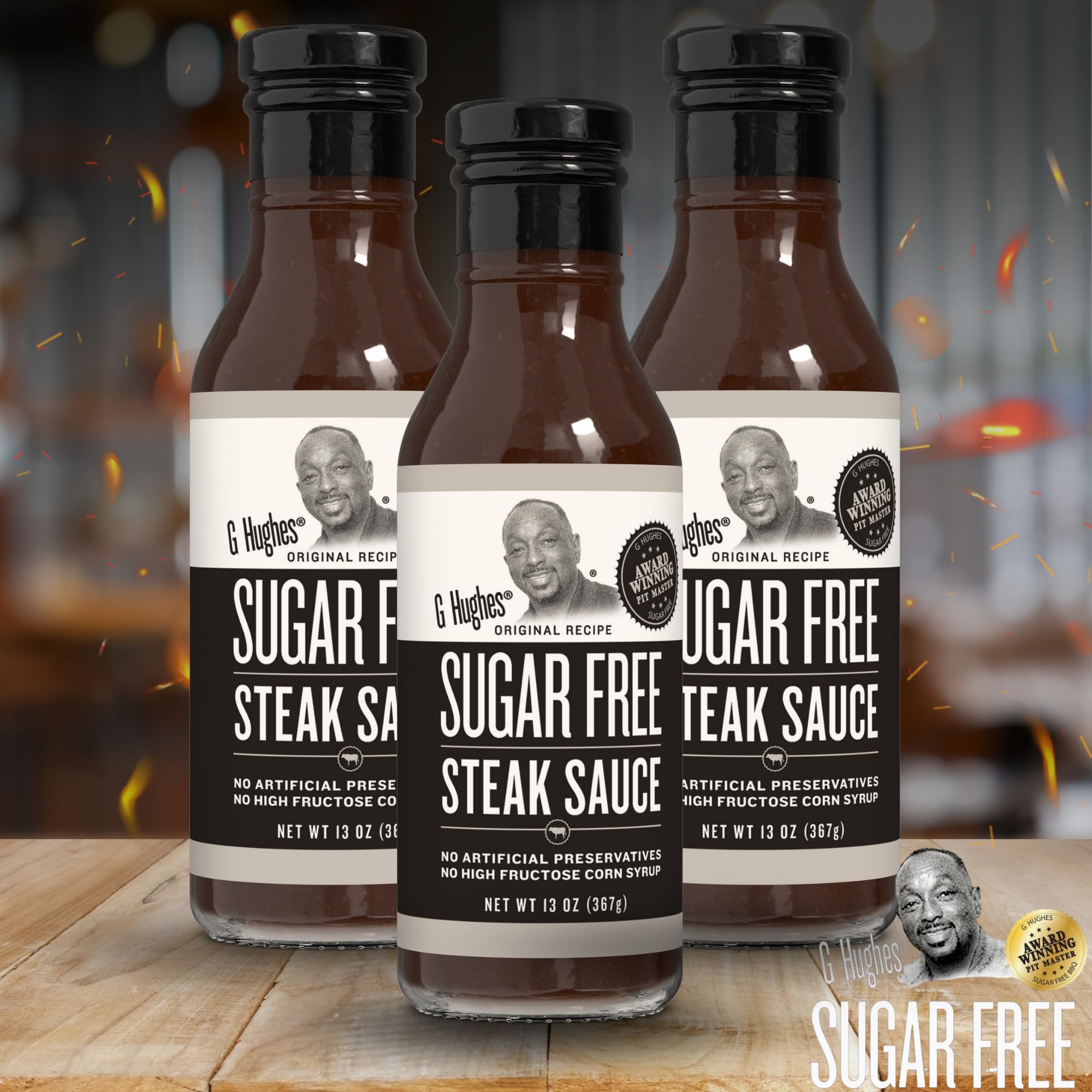 G Hughes Sugar Free Steak Sauce pour highlights savory aroma with no added sugars