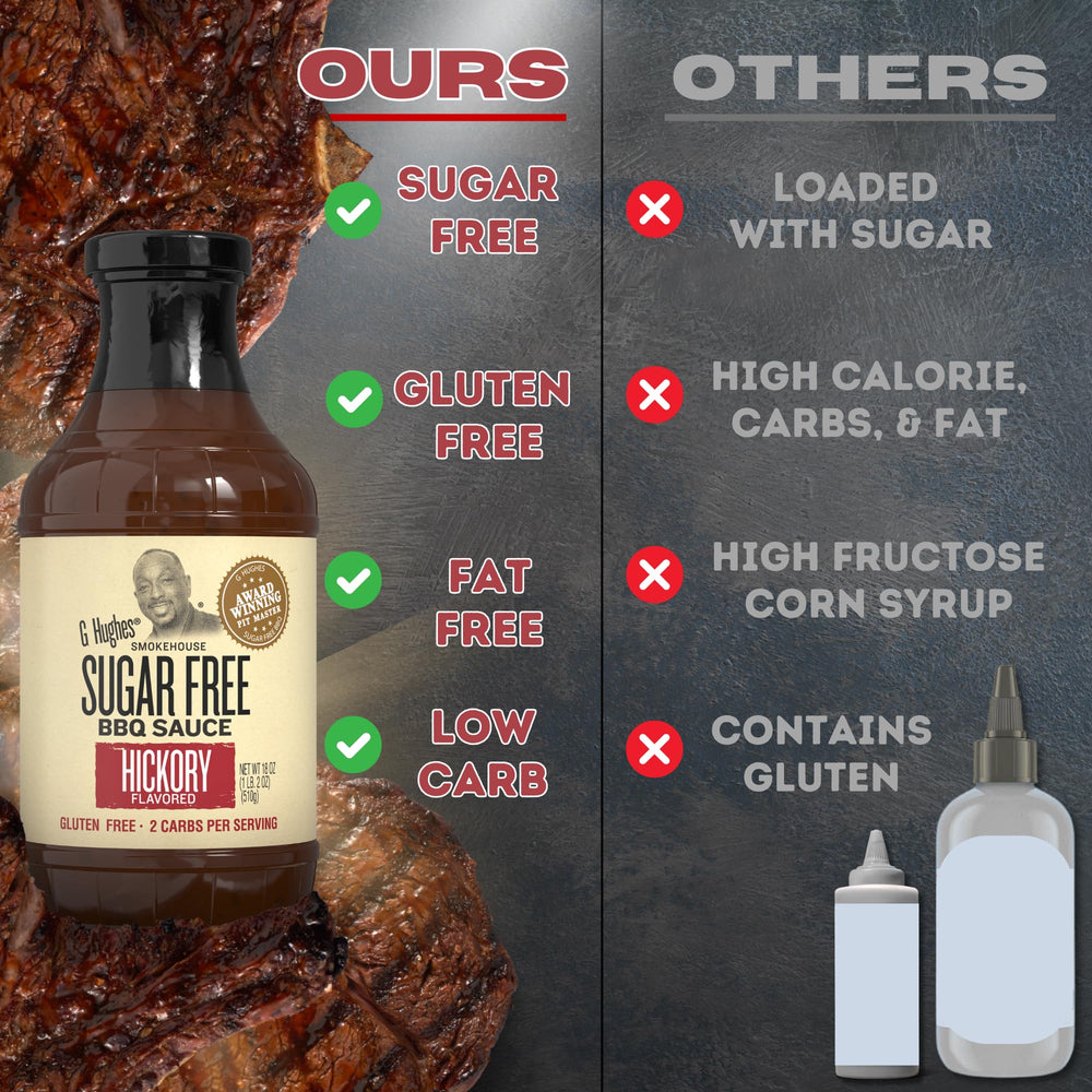 G Hughes Sugar Free BBQ sauce bottle with gluten-free label close-up.