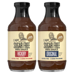 G Hughes Sugar Free Hickory BBQ sauce bottle pouring over grilled meat.