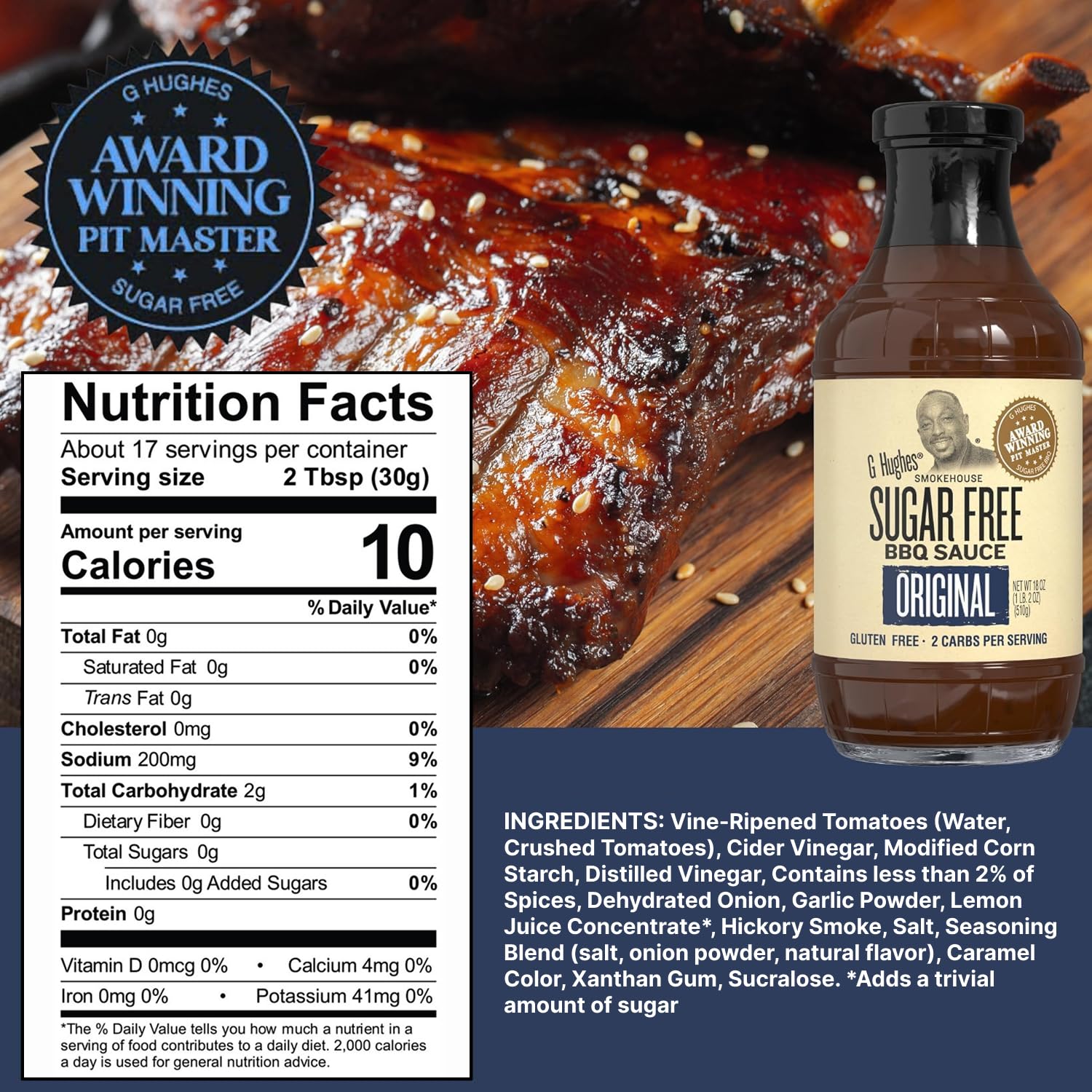 G Hughes Sugar Free Hickory BBQ sauce glaze on ribs.