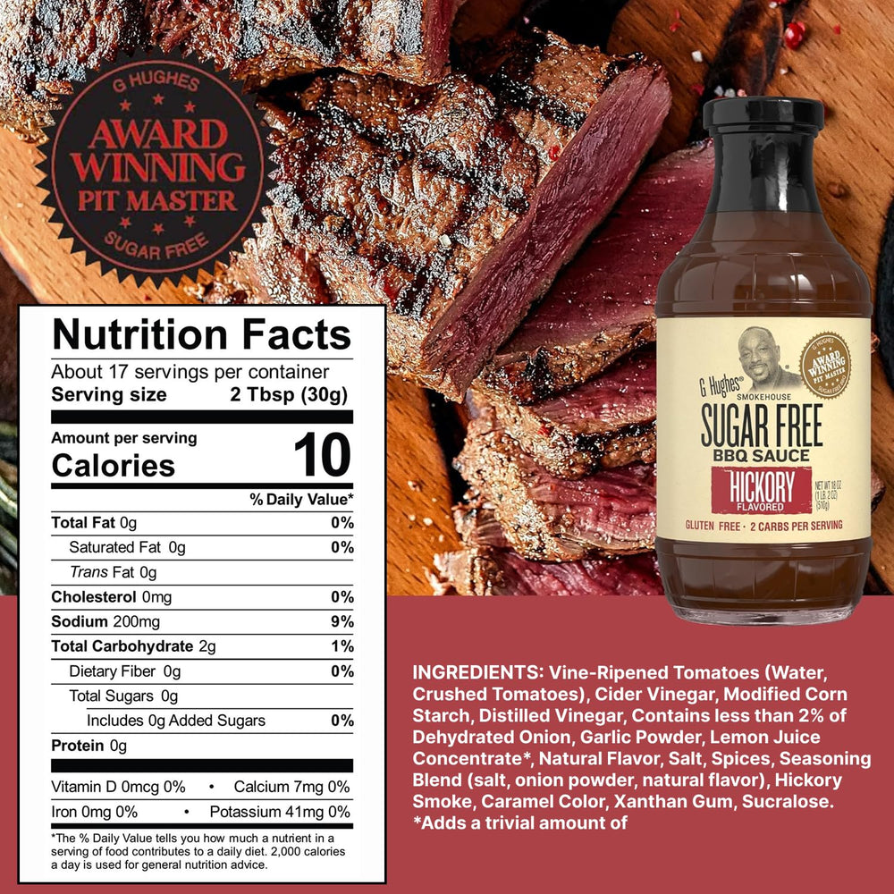 G Hughes Original Sugar Free BBQ sauce bottle with gluten-free label.