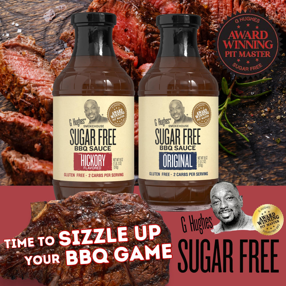 G Hughes Sugar Free Original BBQ sauce bottle on grill.