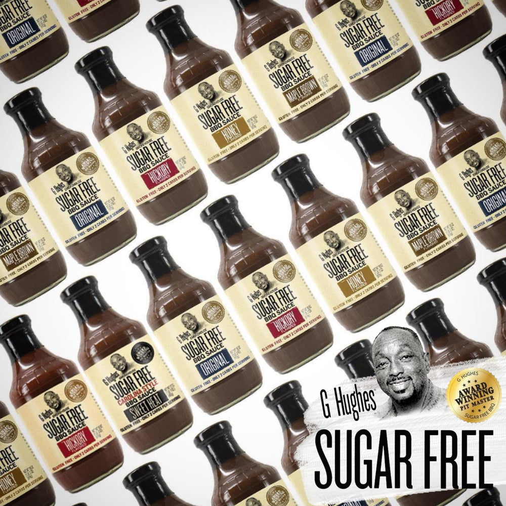 G Hughes Sugar Free BBQ sauces 18 oz pack on serving board.