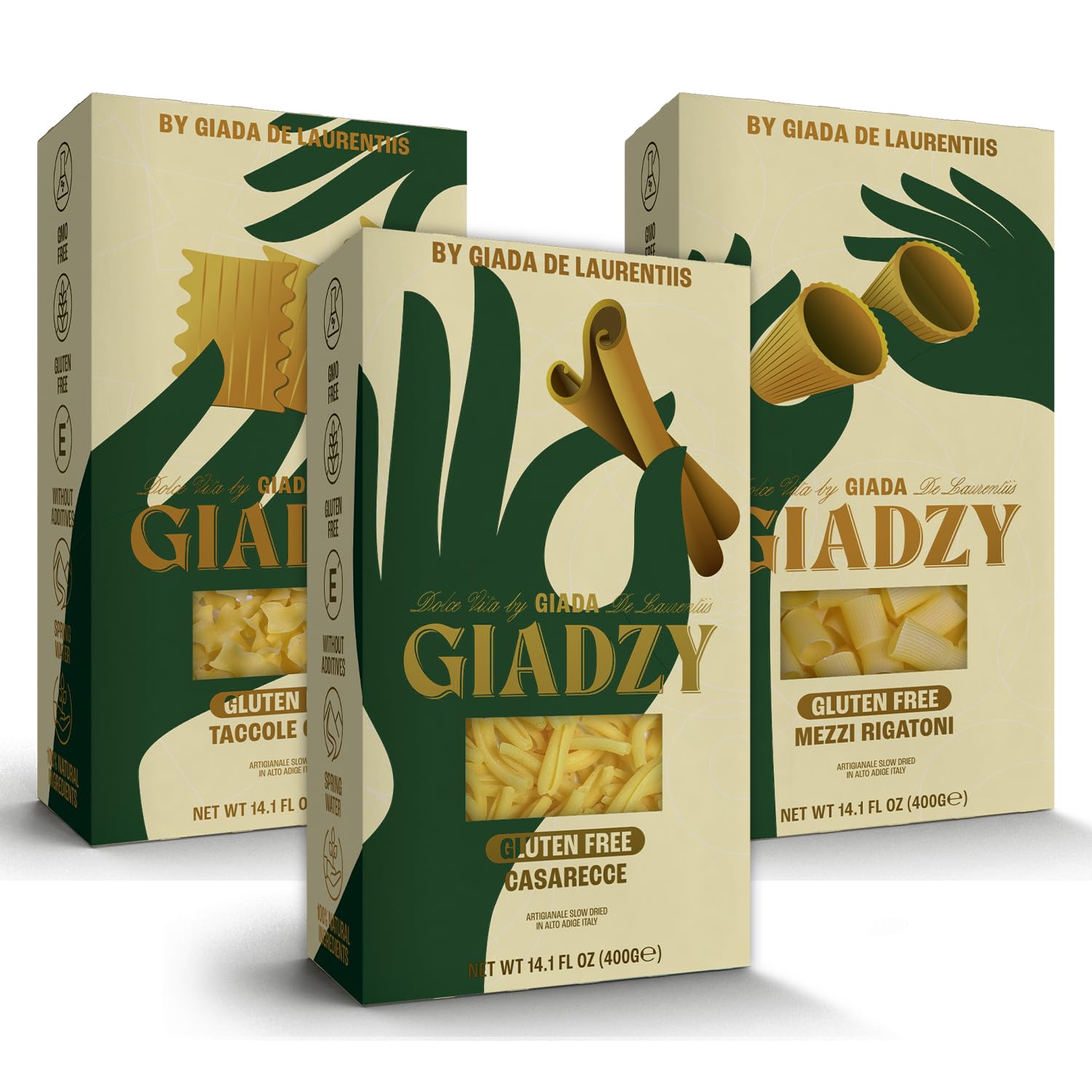 Giadzy gluten-free Caserecce pasta in packaging highlights artisanal quality and convenience.
