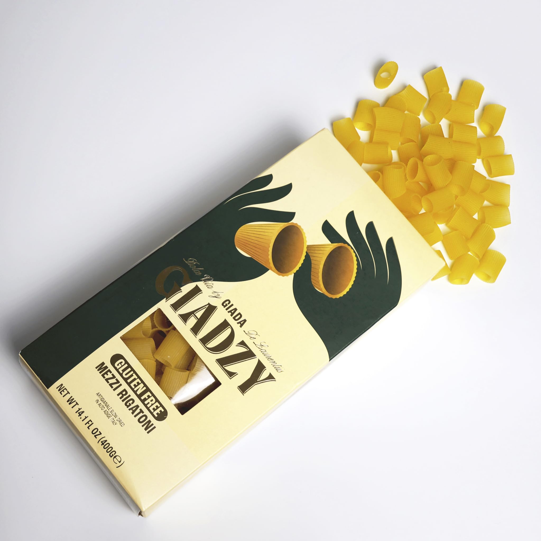 Giadzy pasta in a warm kitchen setting conveys home cooking appeal.