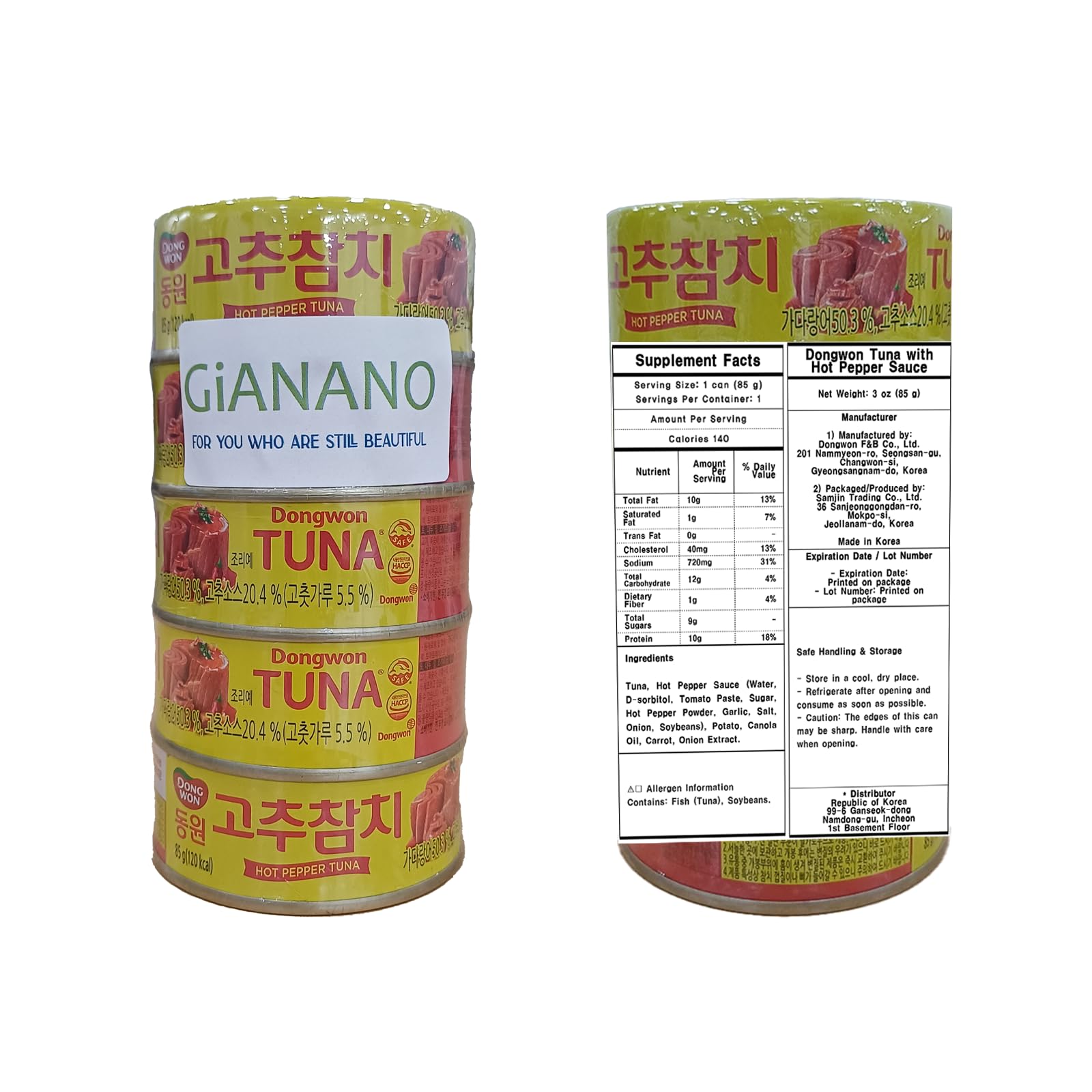 GIANANO Red Pepper Tuna can open, showing spicy sauce and vegetables for fast lunches.